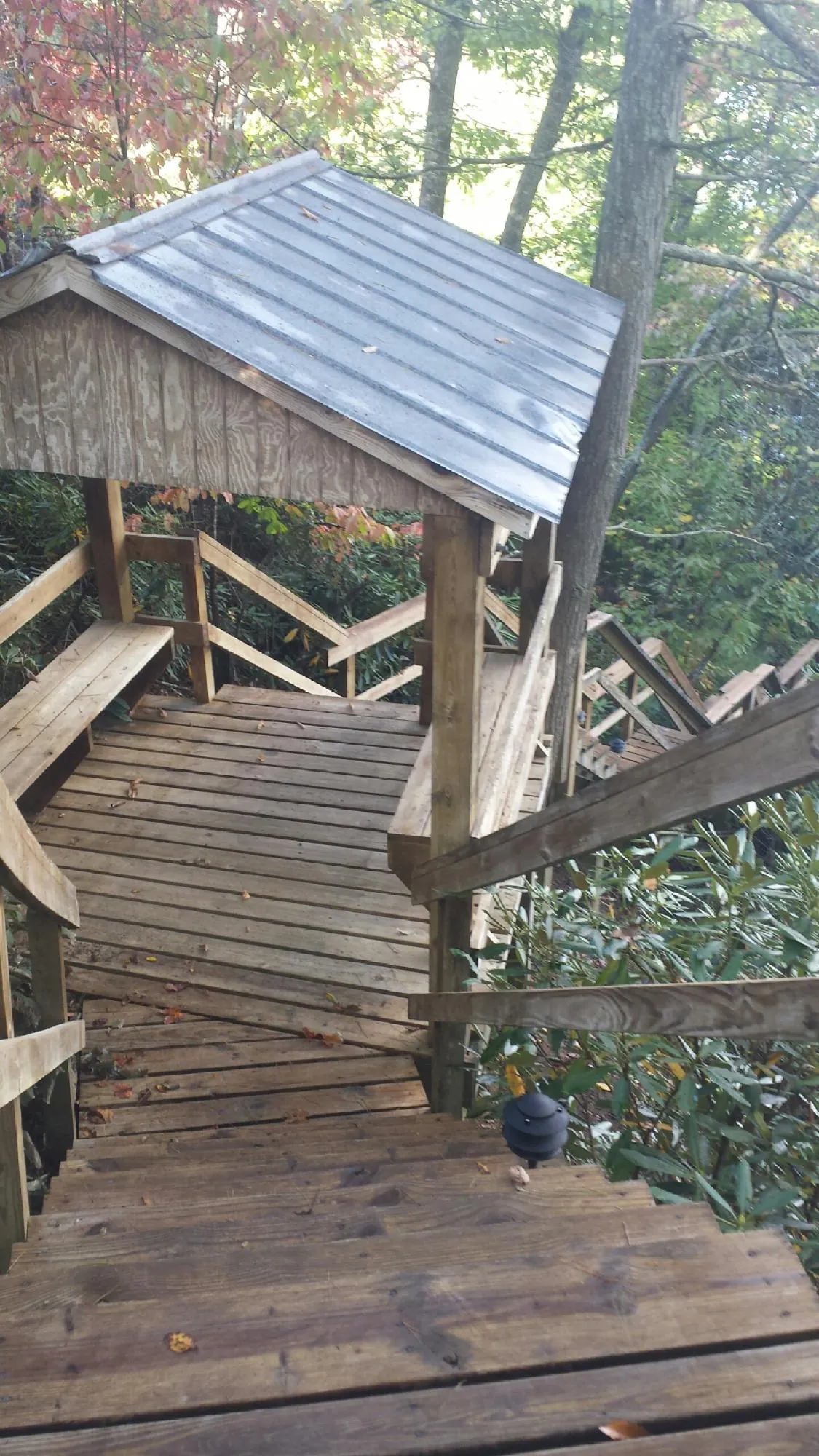 Metal roofed shelter over wooden steps on a wooded walkway — Skylight Repair & Installation work by our crew in Saratoga
